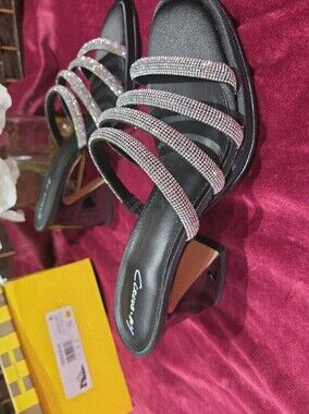 Circus by Sam Edelman Black Rhinestone Strappy Block Heel Mules